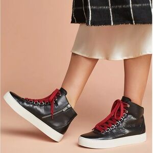 Frye Lena Hiker Hightop Sneaker Black Red Lace Up Side Zip Women’s 7 3471283
